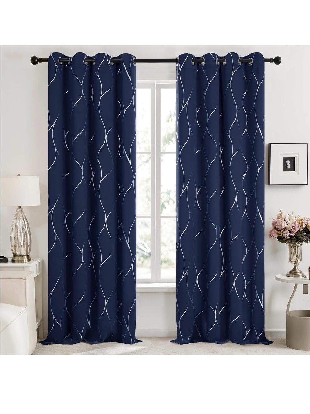 Deconovo Blackout Curtains. Navy Blue with Silver Wave foil print.1 pair/2 panel